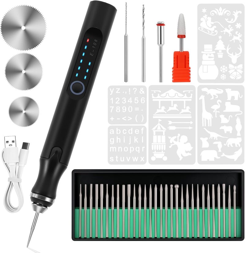 Timntts Electric Engraving Pen with 37 Bits, USB Rechargeable Cordless Etching Engraving Tool, Portable DIY Rotary Engraver for Jewelry Wood Glass Stone Carving (Black) - Image 1